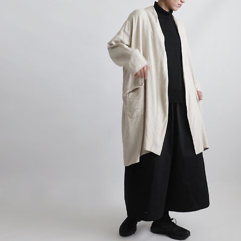新作　リネンMIX　麻　ローブ襟　ナチュラル　ロング　コート　カーディガン　羽織り　ゆったり　蓋ポケット付K11 