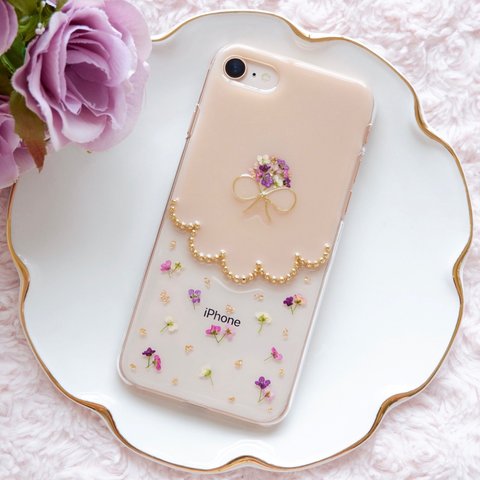 アリッサムブーケのスカラップ❁.*･ﾟ押し花iPhoneケース  ミルクティーベージュ【※iPhone専用ページ】