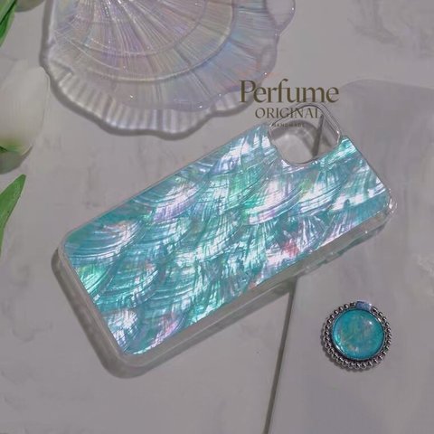 キラキラ天然シェル✨アクアブルー系 ナチュラル カラフル 青色 水色 貝殻 海 夏 スマホケース 名入れも可能♪【受注生産】