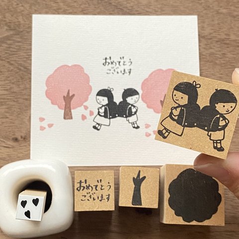 【ランドセルとふたり】イラストはんこ　3cm角　ラバースタンプ