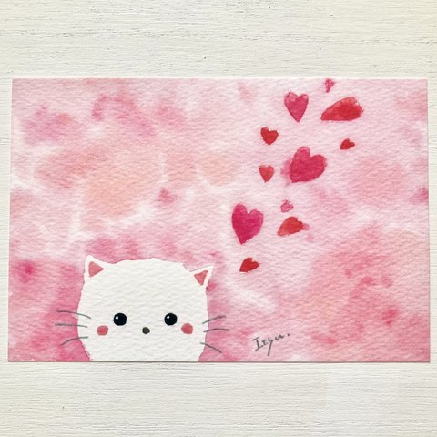 ❤️透明水彩画 「ハート猫ちゃん」イラストポストカード ねこ　ネコ　バレンタインカード　バレンタイン　ピンク❤️