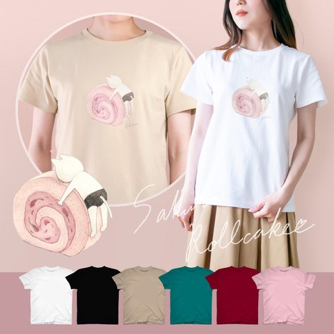 選べる桜ロールケーキとネコぱんのTシャツ【受注制作】