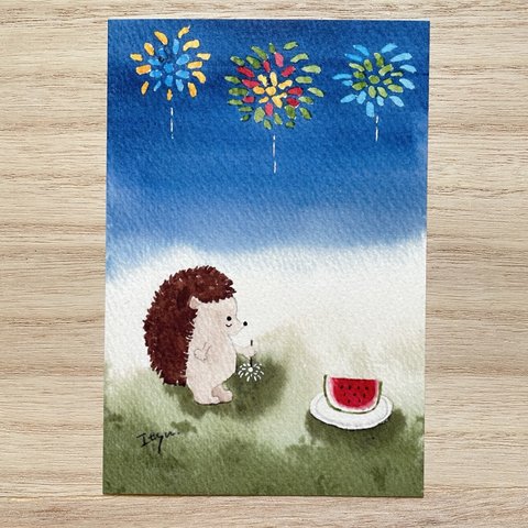 🦔透明水彩画「ハリネズミと花火」イラストポストカード２枚セット  はりねずみ　夏　暑中見舞い  残暑見舞い　花火　線香花火　スイカ　癒し　母の日　父の日