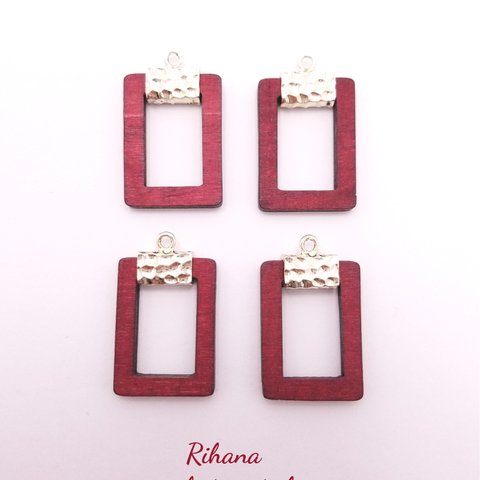 Rectangrle wood charm ４peace【red】【E-027】