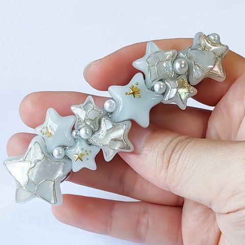 星 ☆ パール ☆ ゴールド・レジン バレッタ・大きめ 8cm・ホワイト
