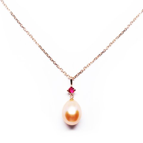 K18PGたまごレッドサファイアネックレス【Pio】 red saphire pink pearl necklace