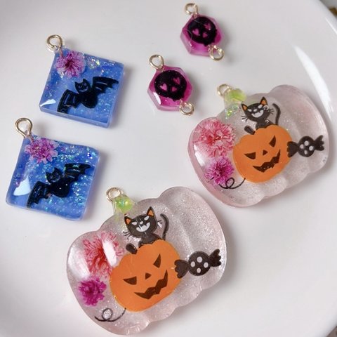 チャームトップとコネクター♪カン付きレジンパーツ♪ハロウィン♪秋♪押し花・ドライフラワー♪