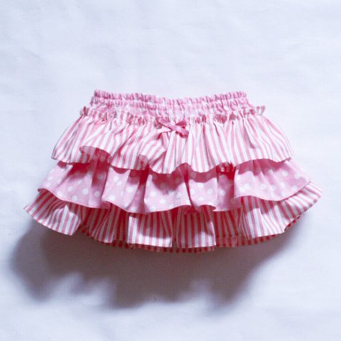 ストライプ＆ドット ♪ フリル スカート パンツ付 (ピンク)  （60～70・70〜80・80～90㎝） カバーパンツ
