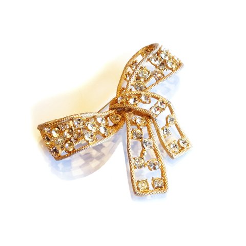 70s 「Kenneth Jay Lane」 Vintage Clear Rhinestone Ribbon Brooch