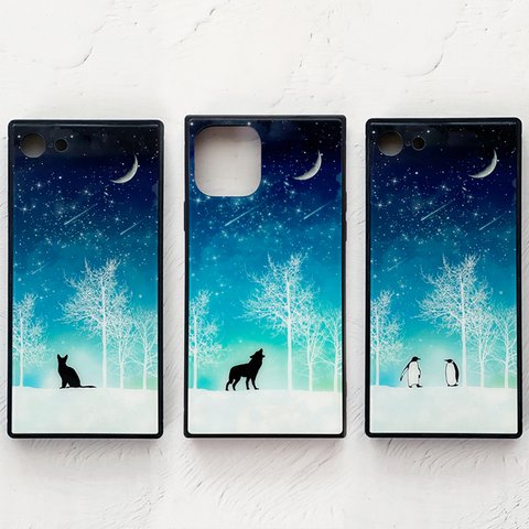 全8種 冬の星空 iPhoneケース TPU スクエア型 強化ガラス / 名入れ可能 猫 狼 iPhone13