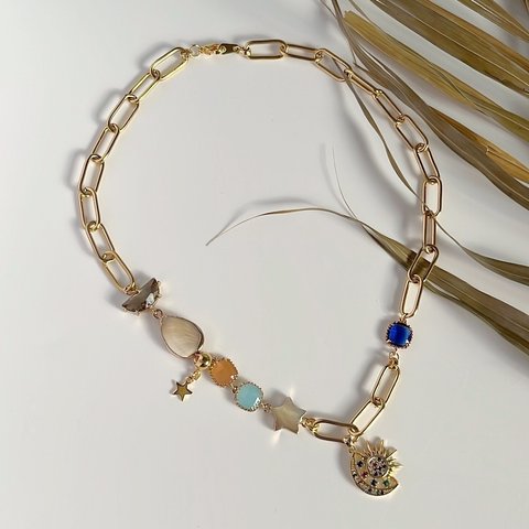 再再販＊ colorful design necklace［GSN069］ガラスチャーム　ステンレス　ゴールドネックレス  個性的  ジルコニア　太陽　月　