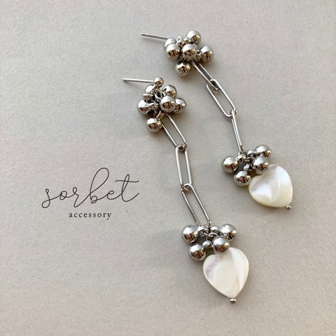 clip chain × shell heart ∴つぶつぶシルバー　ロングピアス　クリップチェーン