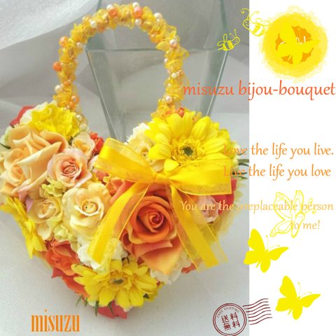*misuzu*　ビタミンカラー　イエロー　オレンジ　前撮り・海外挙式・リゾ婚　ブライダル　ハートバックブーケ　造花ブーケ    