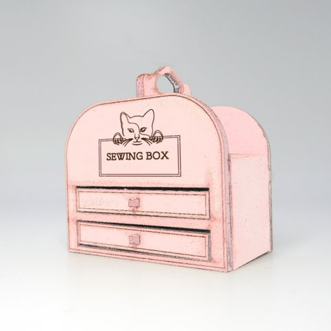 裁縫箱 化粧箱 sewingbox vanitycase ねこ ネコ 猫 cat ピンク ドールハウス 1/6 ミニチュア ハンドメイド ブライス ネオブライス リカちゃん ハンドメイド 木製 家具