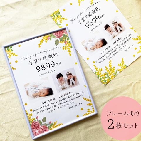 子育て感謝状 結婚式 贈呈品 バラ＆ミモザ【２枚セット、フレームあり】