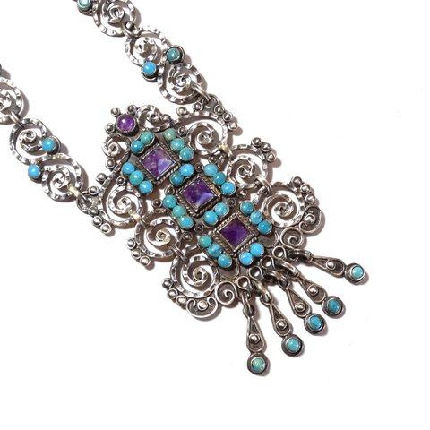 Vintage Mexican silver color stones necklace