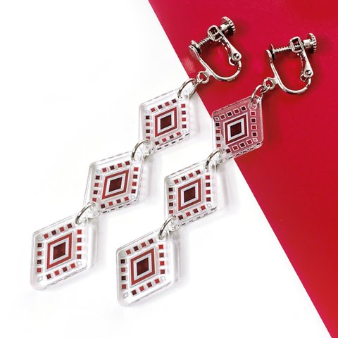 【bijou／red】ピアス・イヤリング││アクリルアクセサリー｜スタイリッシュ｜赤｜ダイヤ｜アンティーク｜透明│揺れる│クリア｜フェイクピアス｜ネイティブ