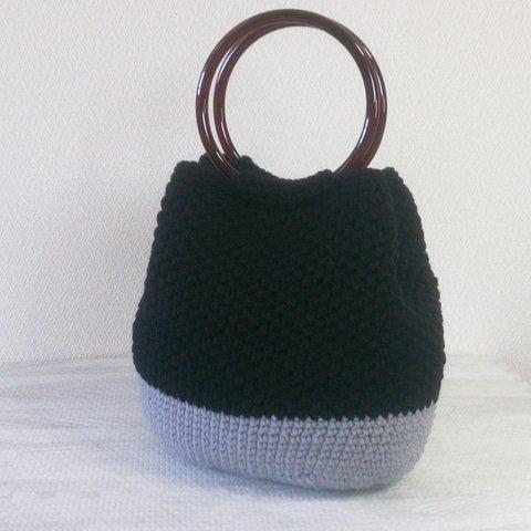 ニットバッグ (リング2way：黒×グレー） 編み物  