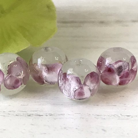 とんぼ玉 4個 da2/１０mm/銀箔 ピンク ビーズ/ハンドメイド/アクセサリー パーツ