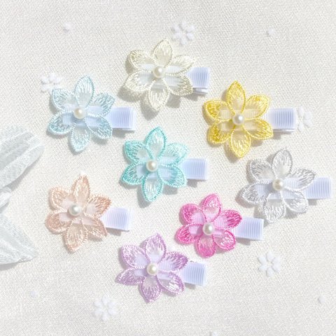 ‎𓊆新色追加⸝⋆⸝⋆𓊇♥レースのパールお花ꕤ全8色♥【ベビー キッズ 赤ちゃん ヘアクリップ ヘアピン ヘアゴム ヘアアクセサリー リボン お花  プレゼント フラワー パール ふわふわ シアー 】