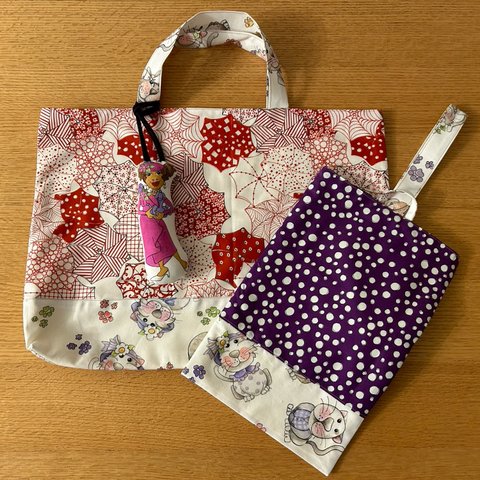 ⭐︎入園グッズ⭐︎ レッスンbag &シューズ袋　傘とネコ