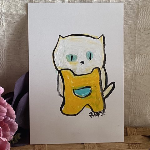 絵画。原画手描き【黄色のワンピースを着た白い猫】