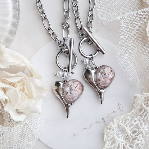 pink heart ♡mantel necklace ・.。.＊* silver