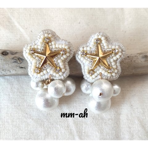 再販♡2 星のスタッズ刺繍×ゴロゴロコットンパールピアス#ホワイト