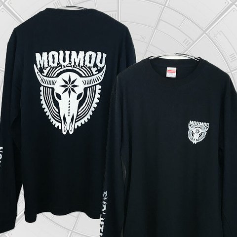 「MOUMOU」バッファロー スカル 牛 丑 ロンＴ（1.6インチリブ）黒 ※両面＆袖プリント