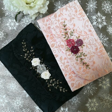 【お試しセール！】薔薇 刺繍の袱紗(ふくさ)　ピンク&ブラック　セット　冠婚葬祭