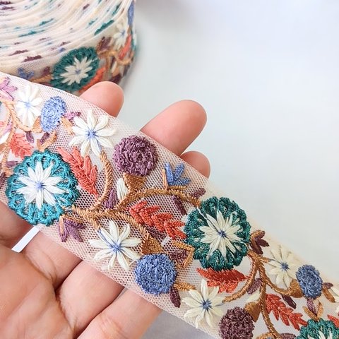 【50cm】【45mm幅】【ベージュ】インド刺繍リボン　フラワー　ポップカラー　　フリンジリボン　テープ　手芸　R056-4