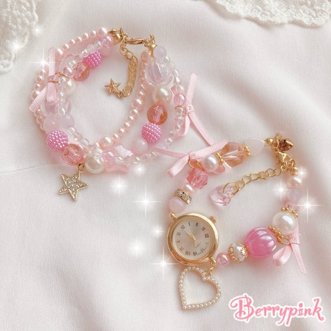 Berrypink♡じゃらじゃらビーズブレスレット♡腕時計♡2点セット♡ピンク
