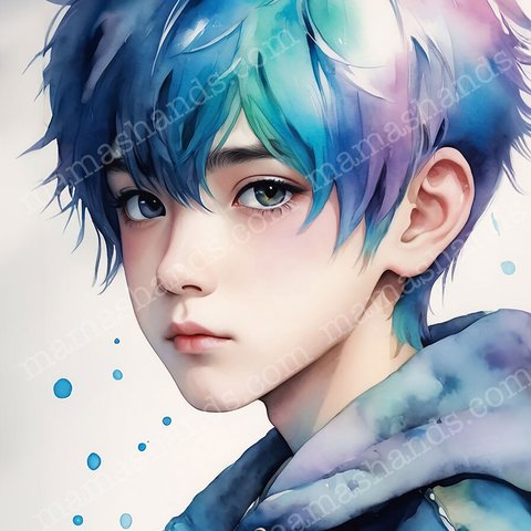 パーカーを着た10代 男の子の 水彩画 イラストアート SNSアイコン（デジタルコンテンツ ダウンロード販売）