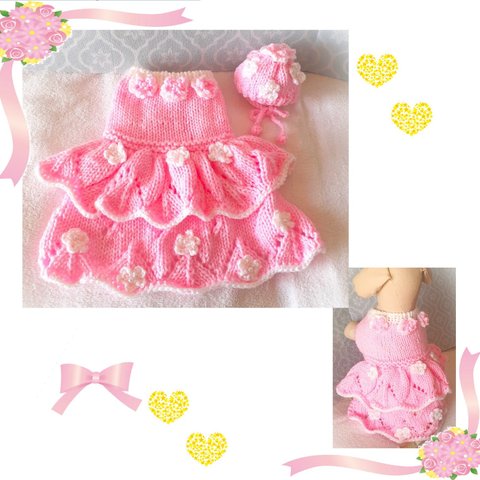 犬服セーター 【新作】ピンク二段フリル ニットドレス／お花飾り　 送料無料 pnd01
