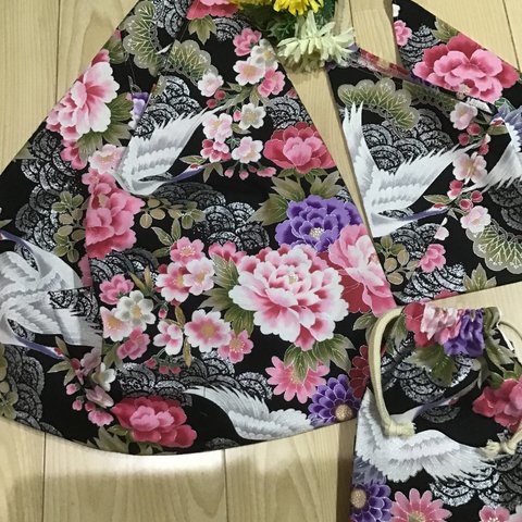 【再4】あずま袋3点セット❤️結びやすい28×28と50× 50＆収納袋(雅鶴と牡丹)旅行用に便利