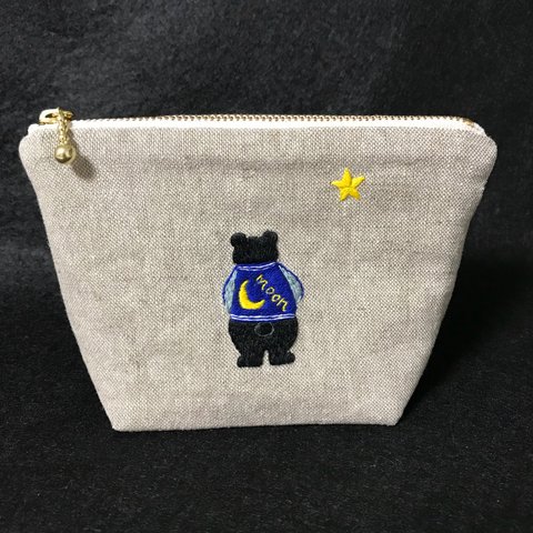 刺繍 マチありポーチ 哀愁のツキノワグマ 