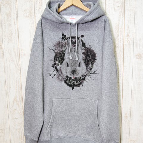 ronronRABIT BIG HOODIE　Flower Frame（ヘザーグレー） / R033-PB-GR