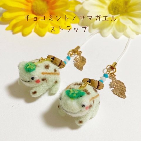 ♡個性派♡チョコミント模様のかえるくん 羊毛フェルトストラップ🐸 フェルトマスコット 爬虫類 チョコレートミント ぬいぐるみ 携帯 ケータイ ストラップ frog strap felt mascot