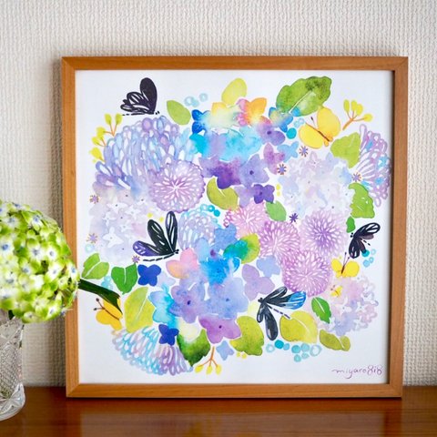30cm×30cm 水彩画ポスター 「ハグロトンボと紫陽花」