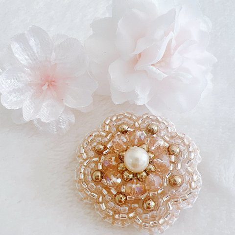 【ビーズ刺繍】pink gold ブローチ