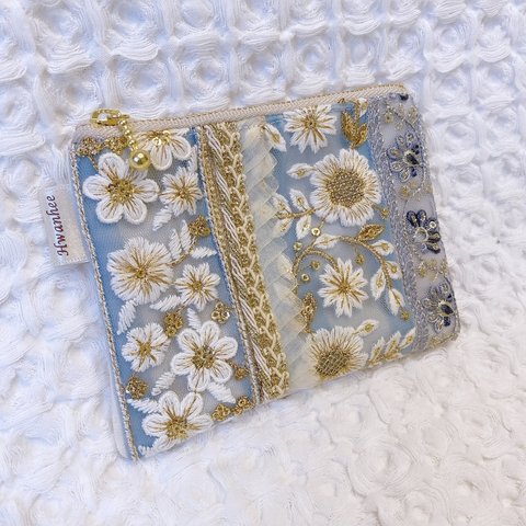 【12cmファスナー】インド刺繍のポーチ　フラットポーチ　母の日ギフト　