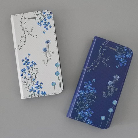 ブルーの花たちのiPhoneケース手帳型