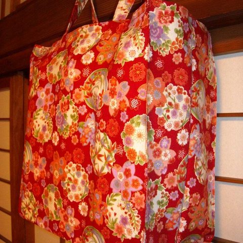 赤い花和柄タイト・アンド・タイディ・トートバッグ; Japanese Red Kimono Floral Design Tight ‘n’ Tidy Tote Bag、エコバッグ、eco bag