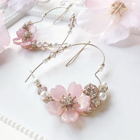 桜ビジュー ハートフープ ピアス/イヤリング