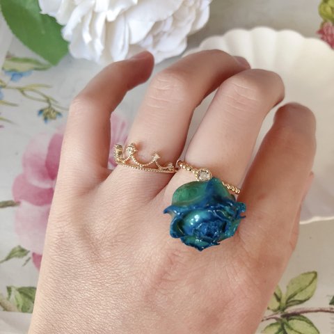 青い薔薇バラと王冠のフリーサイズ リングセット 指輪～花  フラワー ブルー