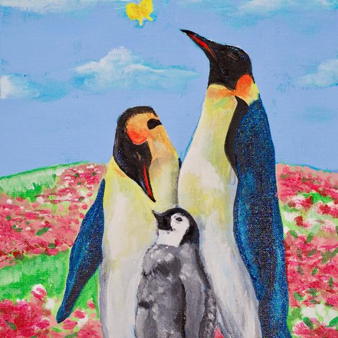 特別セール品☆油絵風絵画「花園のコウテイペンギンの親子」