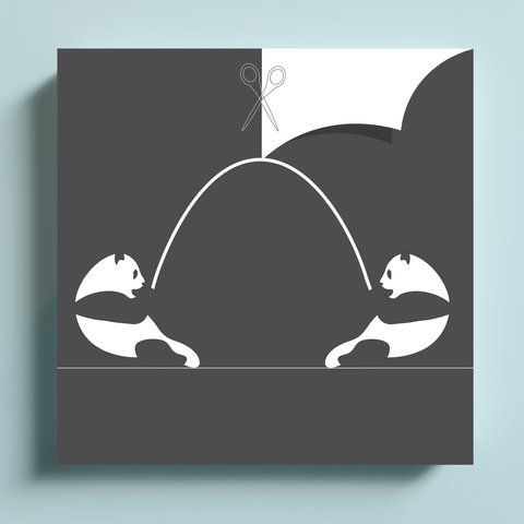 白黒つけるパンダ　正方形キャンバスプリント・ファブリックパネル　モノクロアートを飾る