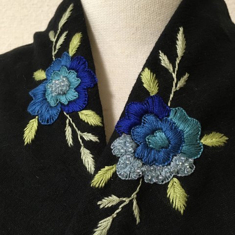 綿麻　ビーズ花刺繍半襟