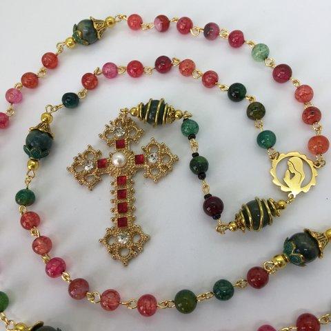 ロザリオ【１点物】(96)カラフルドラゴンアゲート カトリック 十字架 パワーストーン クロス Rosary,Catholic,Prayer Beads,Healing,Relaxing