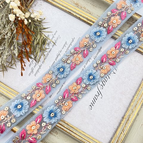 【50cm単位】インド刺繍リボン 25ｍｍ 細幅 50cm 単位売り rin-0035 ブルー